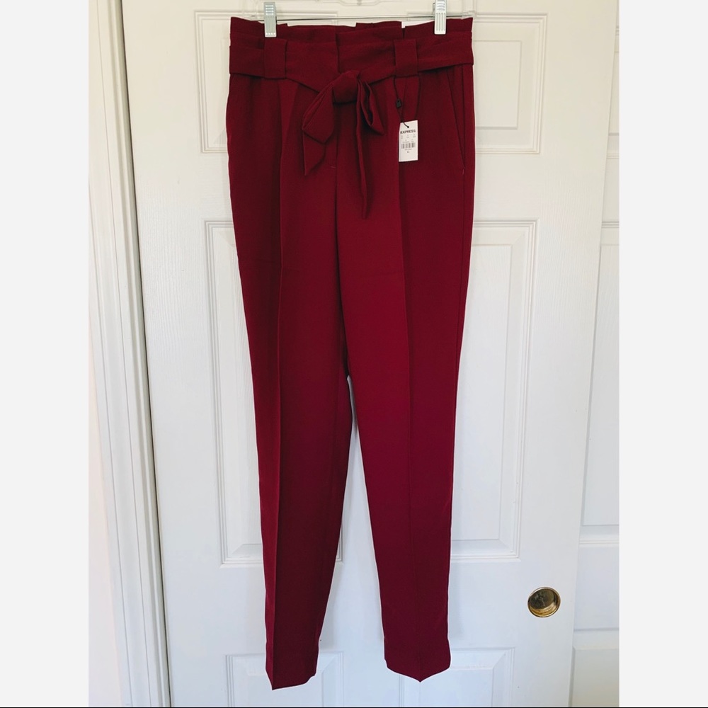 High Waisted Belted Paperbag Pant, Wine Red